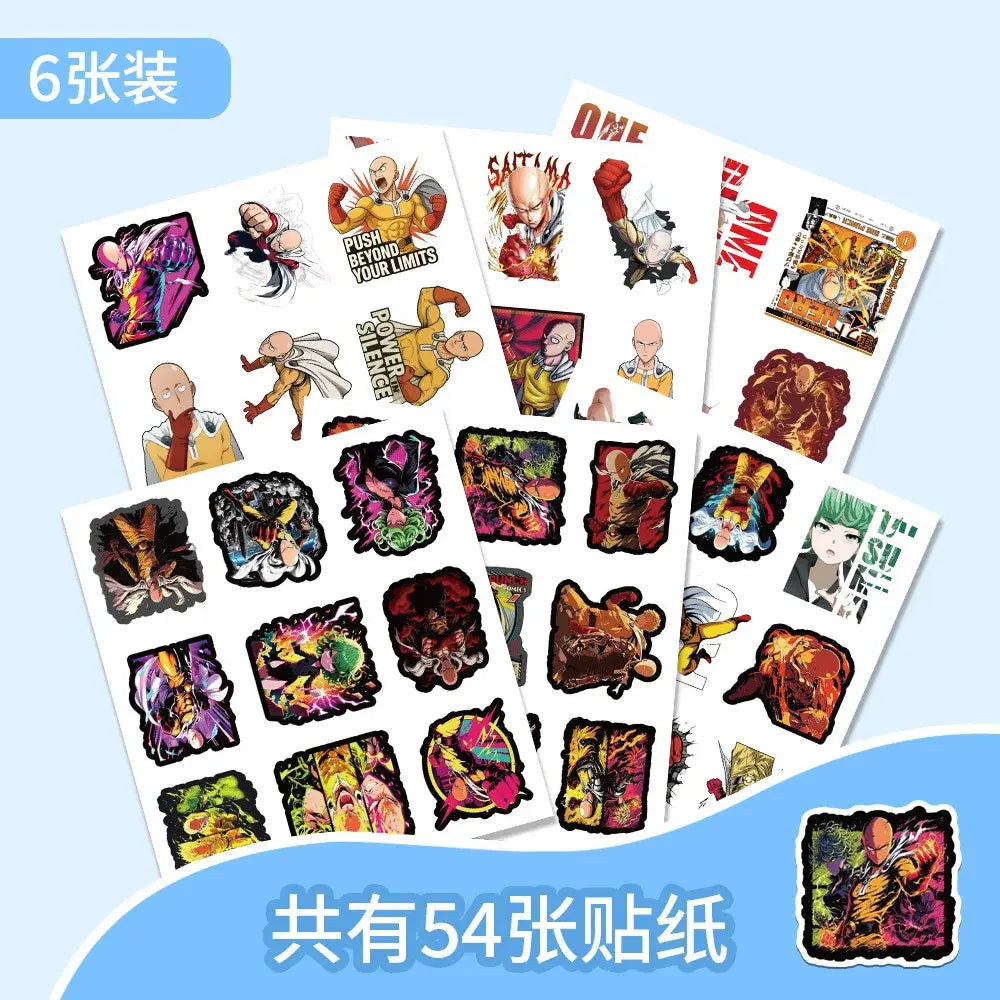 One punch man saitama sticker pack with 54 colorful punch man stickers featuring bold waterproof adhesive designs