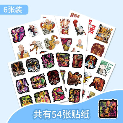 One punch man saitama sticker pack with 54 colorful punch man stickers featuring bold waterproof adhesive designs