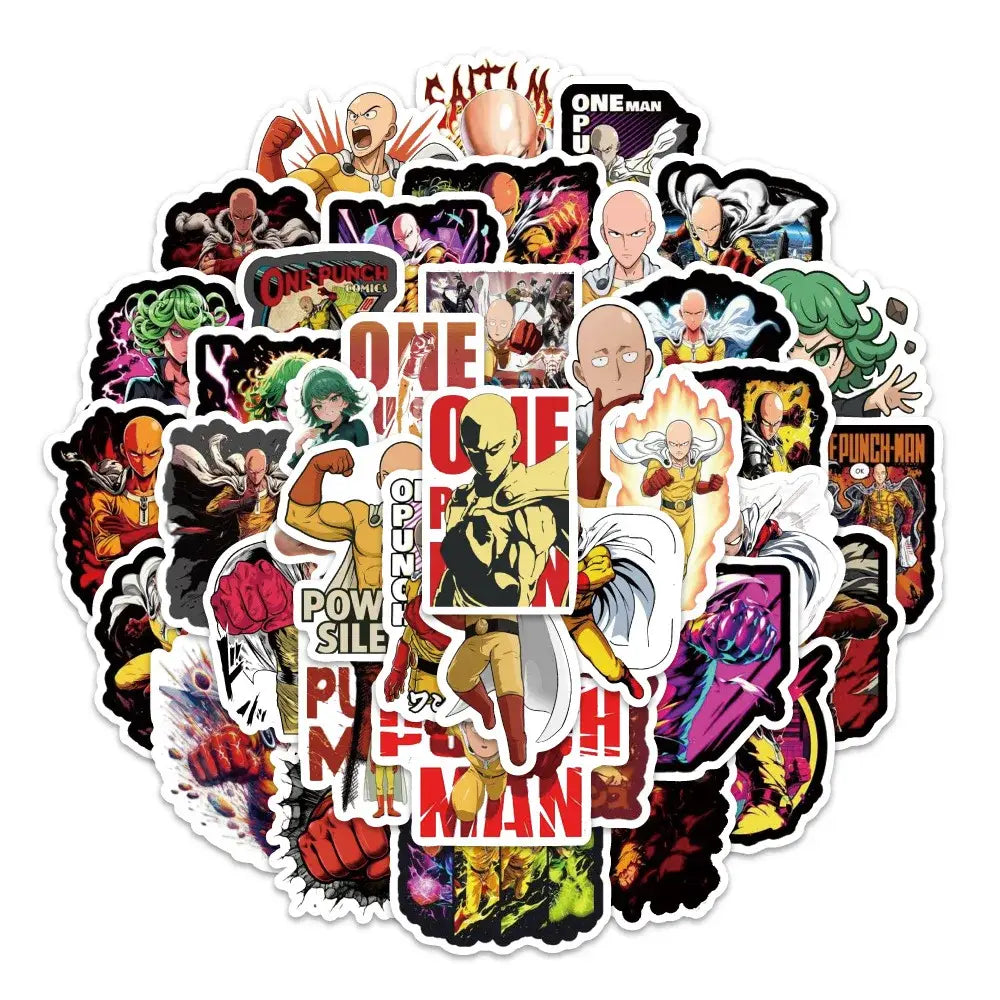 A vibrant one punch man saitama sticker pack with 54 colorful waterproof punch man stickers featuring dynamic artwork