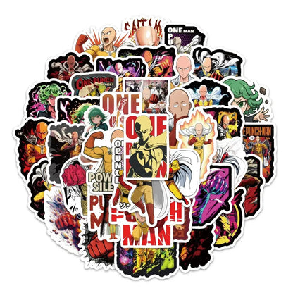 A vibrant one punch man saitama sticker pack with 54 colorful waterproof punch man stickers featuring dynamic artwork