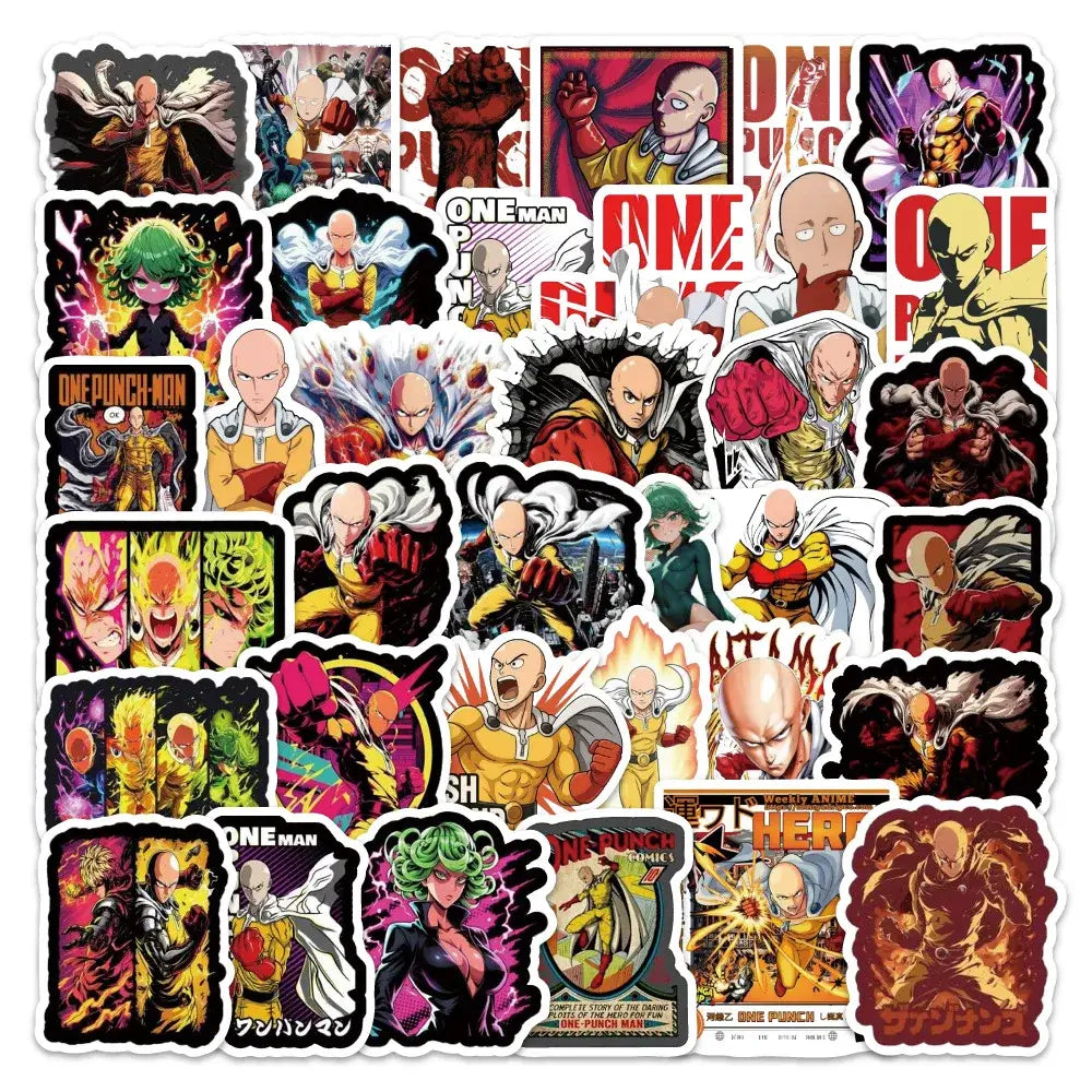 A vibrant one punch man saitama sticker pack with 54 colorful waterproof stickers featuring dynamic character poses
