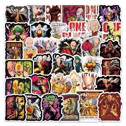 A vibrant one punch man saitama sticker pack with 54 colorful waterproof stickers featuring dynamic character poses