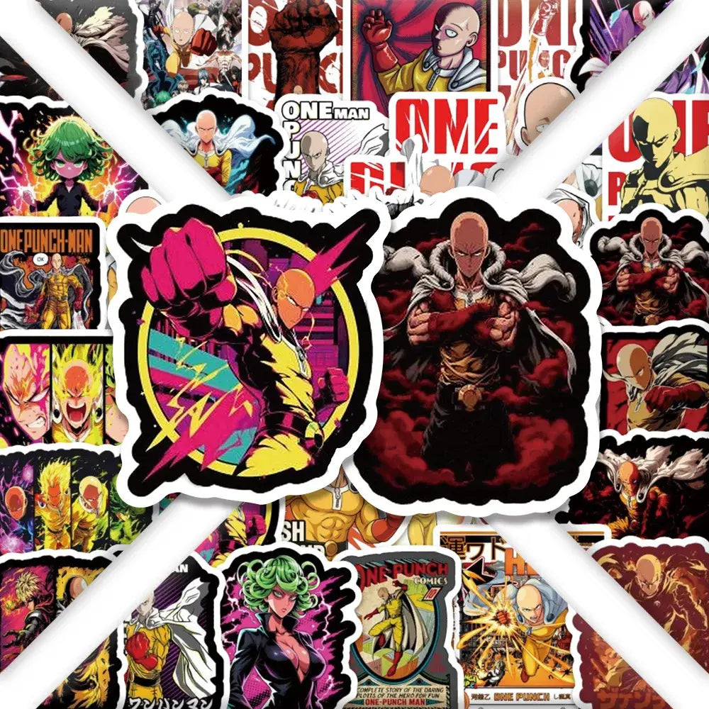 Vibrant glossy punch man saitama sticker pack with 54 dynamic poses in yellow pink red and black waterproof designs