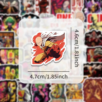 A vibrant red and yellow punch man saitama sticker with dynamic motion lines from the one punch man sticker pack 54pcs waterproof