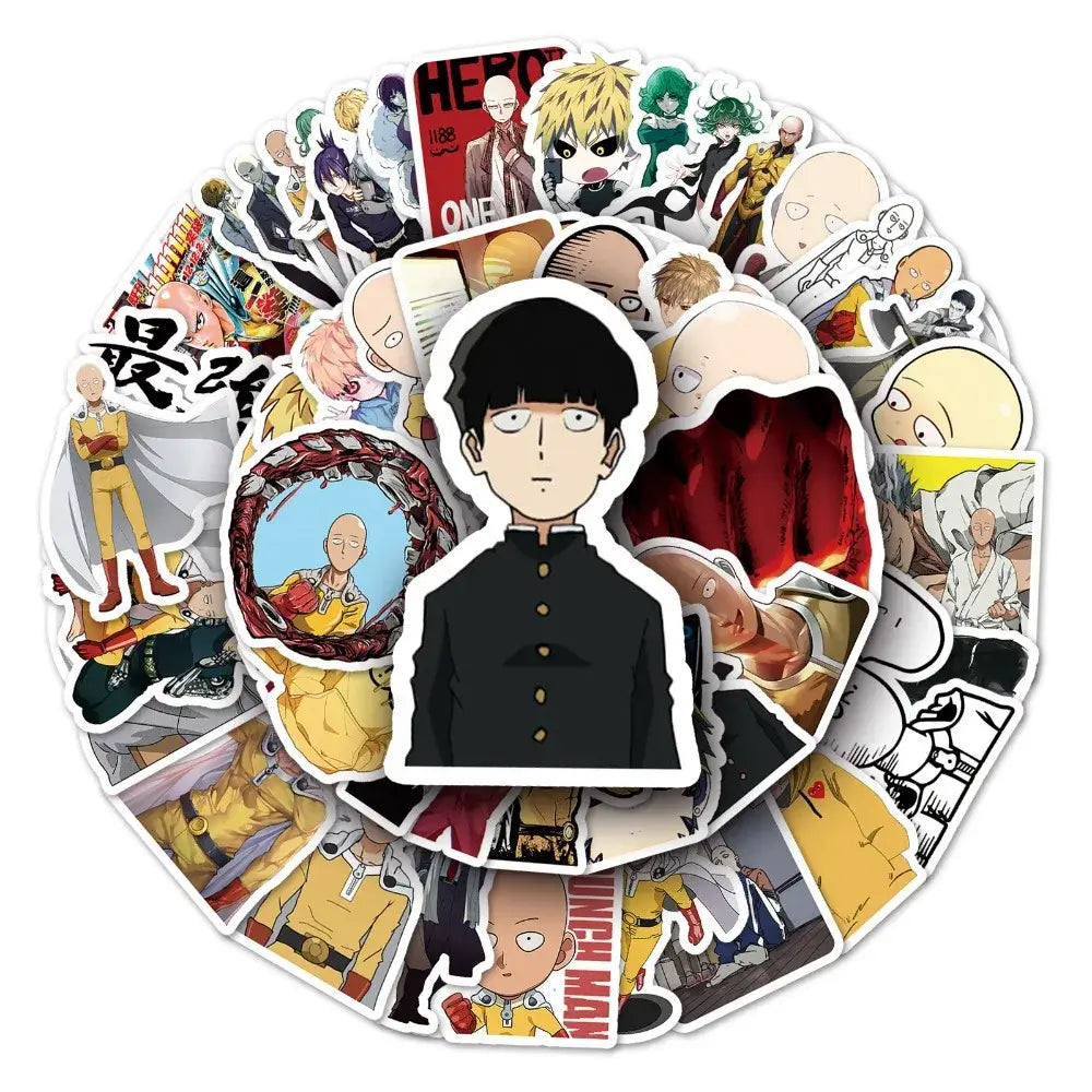 A colorful punch man saitama sticker pack featuring 57 die-cut manga doodle stickers of saitama and genos