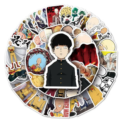 A colorful punch man saitama sticker pack featuring 57 die-cut manga doodle stickers of saitama and genos