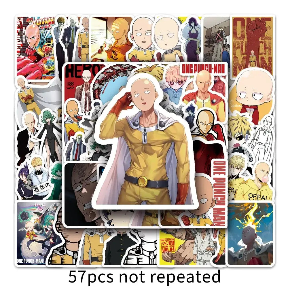 A vibrant one punch man saitama sticker pack with 57 colorful manga doodles featuring saitama in his yellow suit