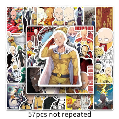 A vibrant one punch man saitama sticker pack with 57 colorful manga doodles featuring saitama in his yellow suit