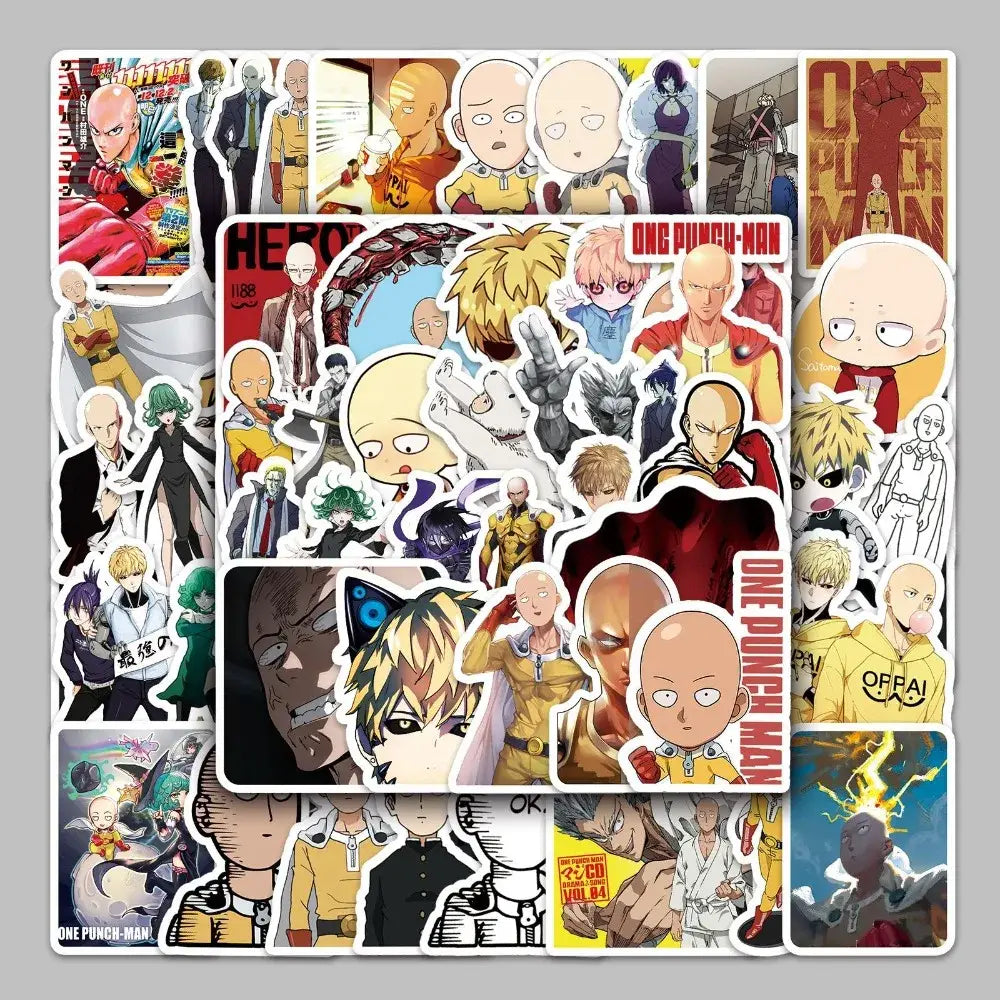 A colorful glossy one punch man saitama sticker pack featuring 57 manga doodles of saitama and other characters