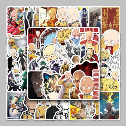 A colorful glossy one punch man saitama sticker pack featuring 57 manga doodles of saitama and other characters