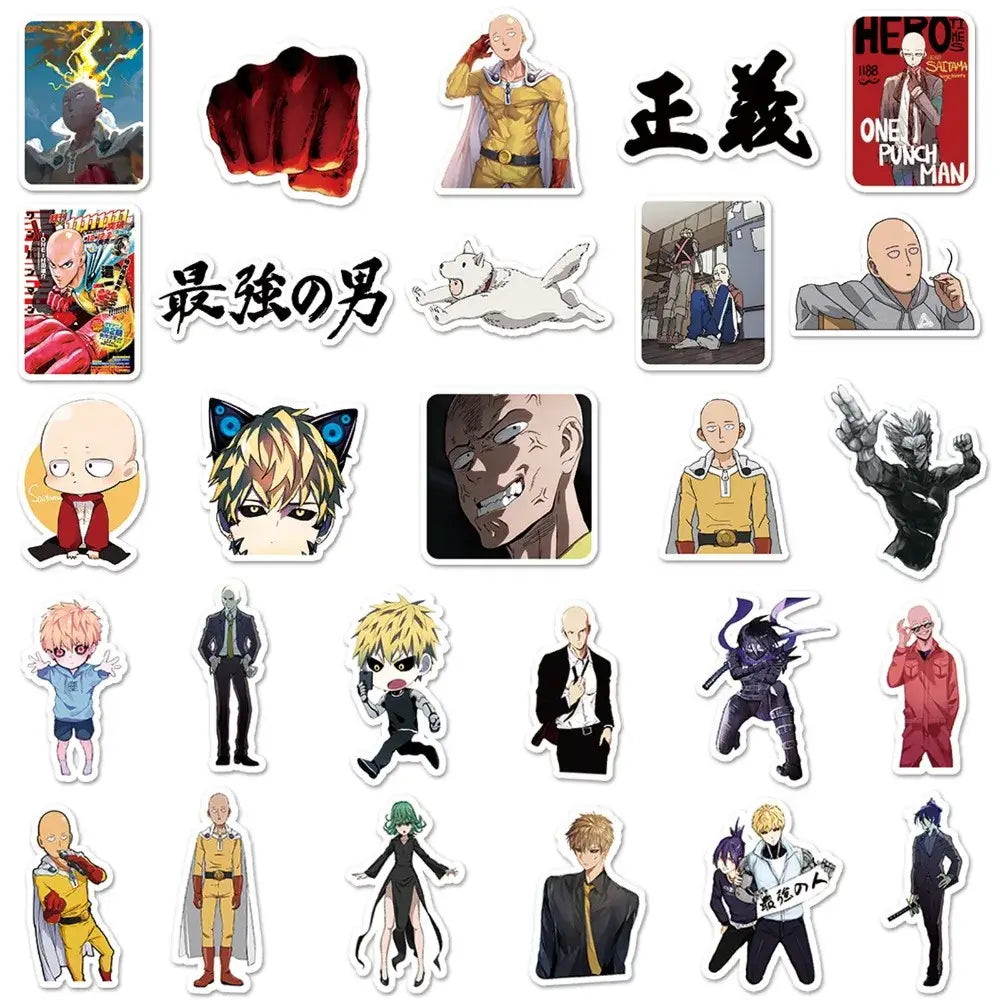 One punch man saitama sticker pack featuring 57 colorful die-cut manga doodles including saitama in his yellow suit