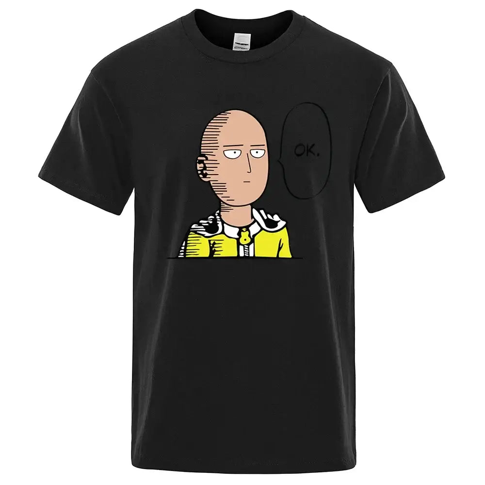 Black short-sleeved cotton crewneck t-shirt featuring punch man saitama in yellow suit with speech bubble ok for man saitama unisex fans