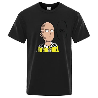 Black short-sleeved cotton crewneck t-shirt featuring punch man saitama in yellow suit with speech bubble ok for man saitama unisex fans