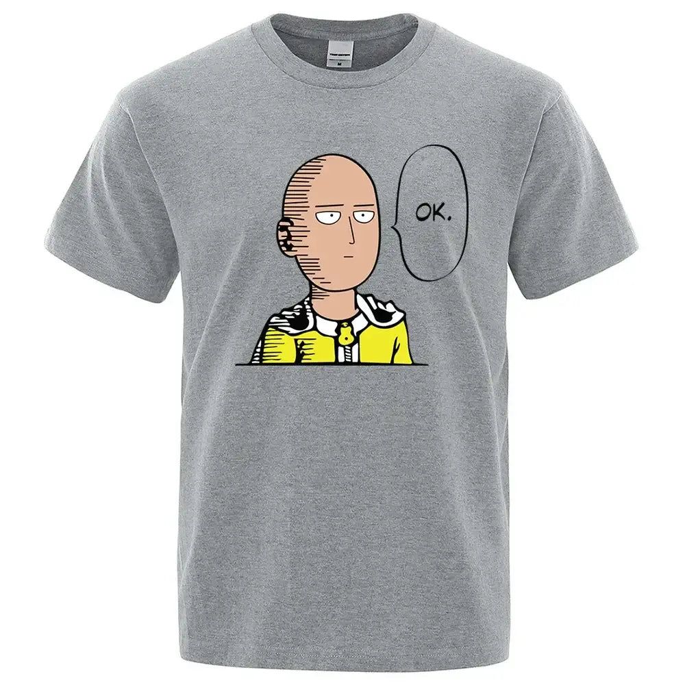 Gray heathered cotton crewneck t-shirt featuring punch man saitama in yellow suit with ok printed beside him unisex design