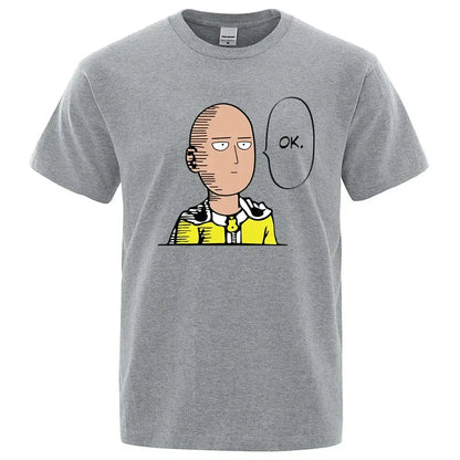 Gray heathered cotton crewneck t-shirt featuring punch man saitama in yellow suit with ok printed beside him unisex design