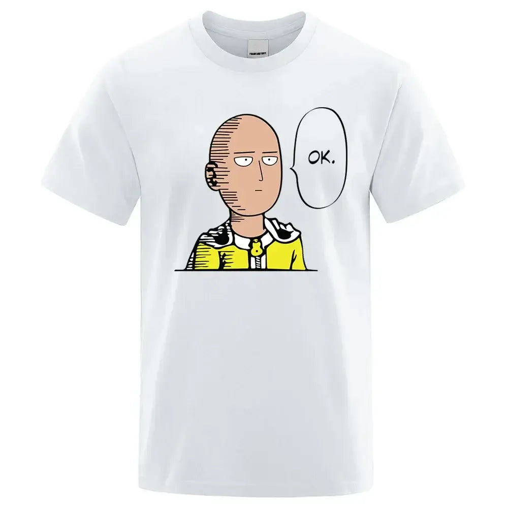 White cotton crewneck t-shirt featuring punch man saitama cartoon graphic with ok speech bubble man saitama unisex