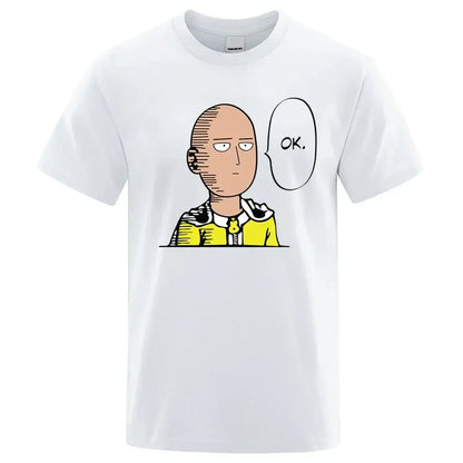 White cotton crewneck t-shirt featuring punch man saitama cartoon graphic with ok speech bubble man saitama unisex