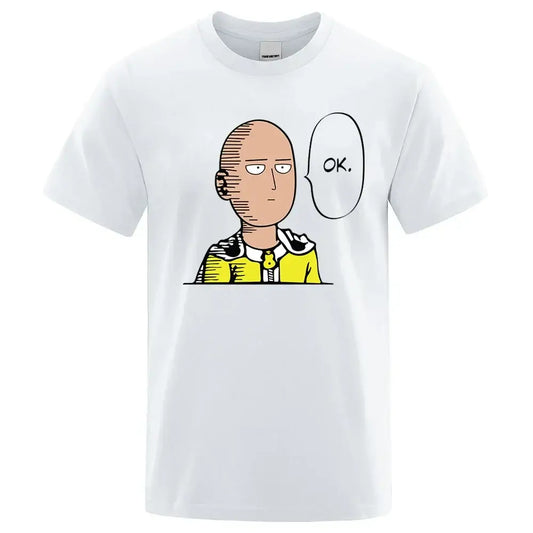 White cotton crewneck t-shirt featuring punch man saitama cartoon graphic with ok speech bubble man saitama unisex