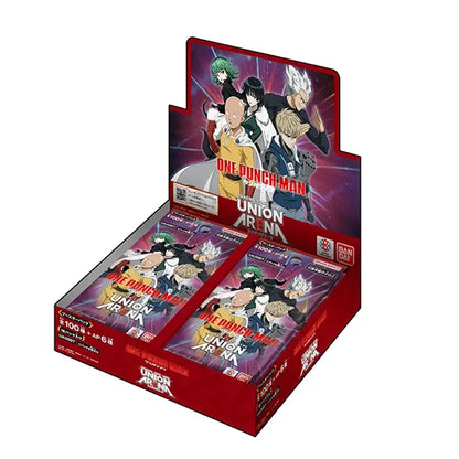 Red cardboard booster box for punch man ua35bt trading card packs featuring vibrant anime artwork of main characters