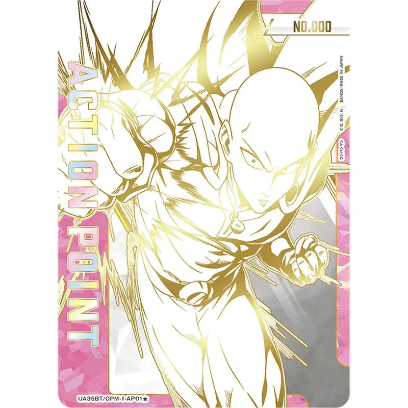 Gold foil trading card of saitama in dynamic pose with action point text from one punch man ua35bt booster box pack