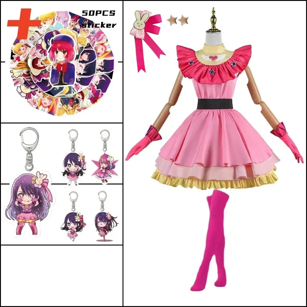 Oshi no ko ai hoshino cosplay dress with pink lolita skirt ruffled sleeves black belt and matching gloves stockings