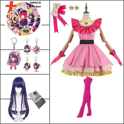 Pink layered cosplay dress with ruffled sleeves and black belt featuring a pink lolita skirt on mannequin