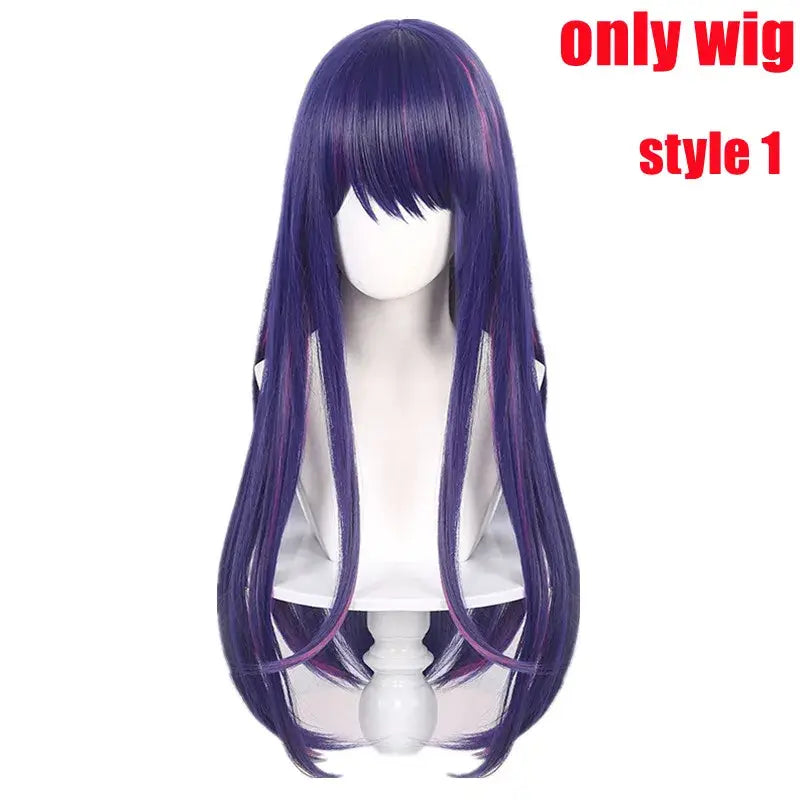 Long straight purple wig with pink highlights and blunt fringe for oshi no ko ai hoshino cosplay dress with pink lolita skirt