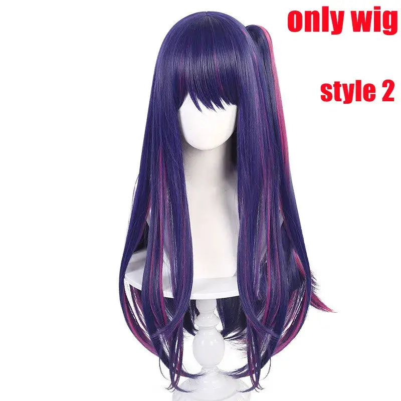 Oshi no ko ai hoshino cosplay dress with long vibrant purple wig featuring pink highlights and pink lolita skirt