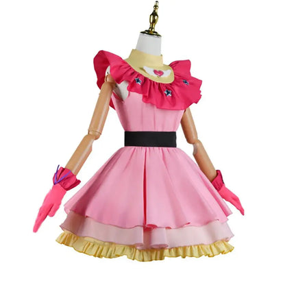 Oshi No Ko Ai Hoshino cosplay dress featuring a pink lolita skirt with ruffles, yellow collar, and black belt