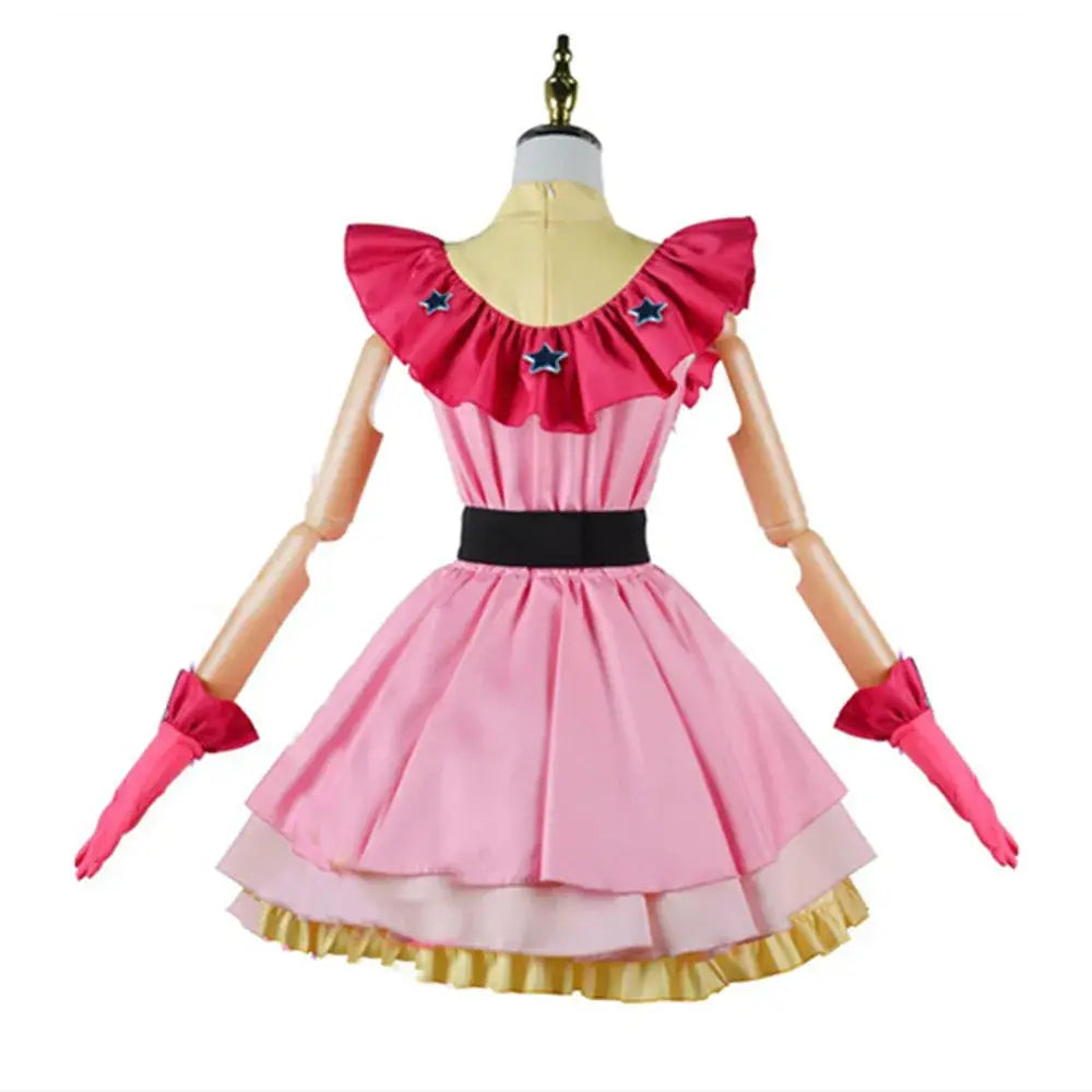 Pink two-toned cosplay dress with ruffled neckline, black belt, and gloves featuring a pink lolita skirt design