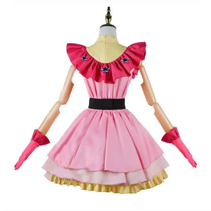 Pink two-toned cosplay dress with ruffled neckline, black belt, and gloves featuring a pink lolita skirt design