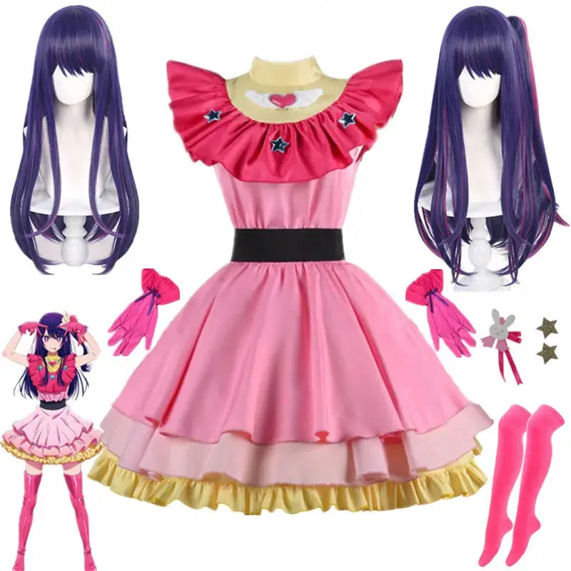 Oshi no ko ai hoshino cosplay dress pink lolita skirt with yellow frills black belt and star embellishments on ruffled neckline