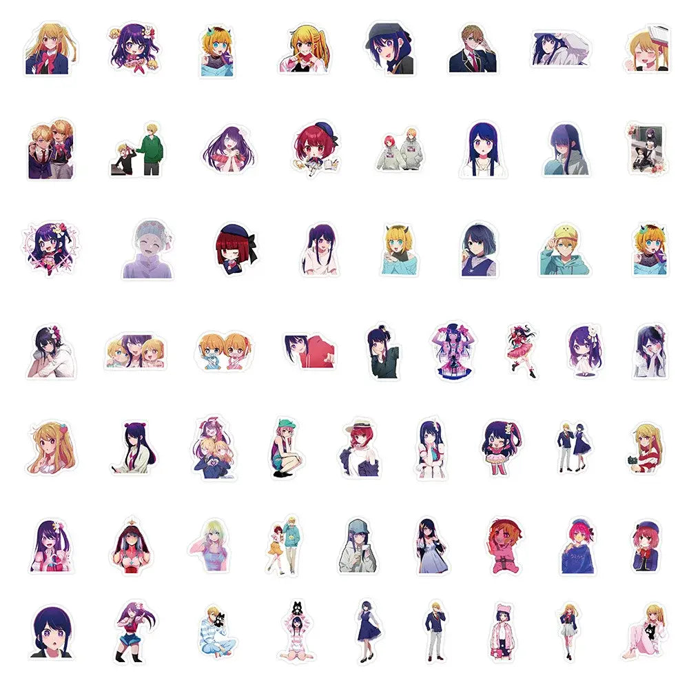 A collection of colorful hoshino stickers featuring 50pcs aesthetic diy scrapbook designs for oshi no ko fans
