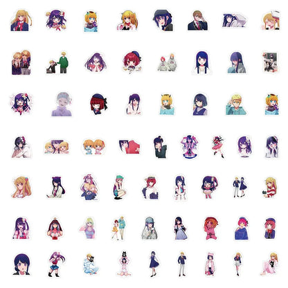 A collection of colorful hoshino stickers featuring 50pcs aesthetic diy scrapbook designs for oshi no ko fans