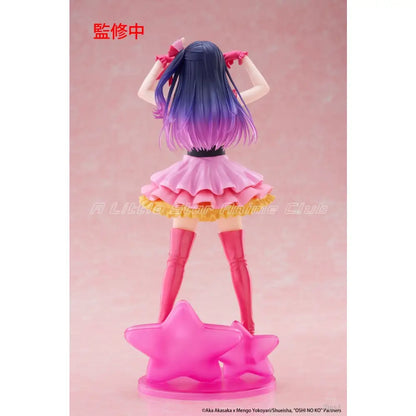 Oshi No Ko Ai pvc figure with long blue to purple hair on a pink star base wearing layered pink skirt and boots