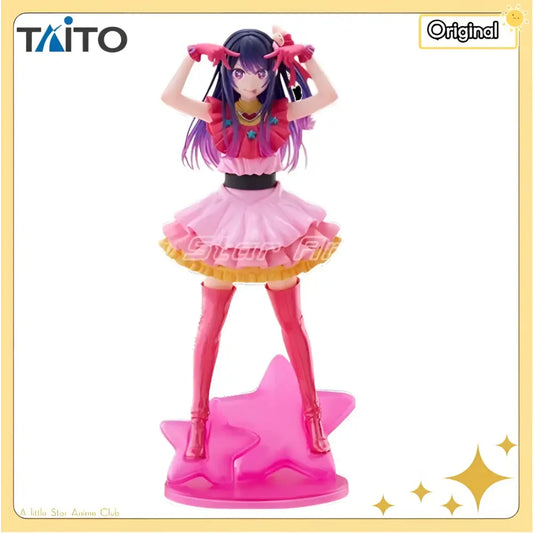 Oshi no ko Ai pink and purple pvc figure in red top with blue stars and pink skirt on translucent pink star base