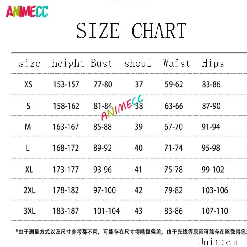 Animecc size chart for Oshi No Ko B-Komachi stage dress wig showing measurements in centimeters for xs-2xl sizes