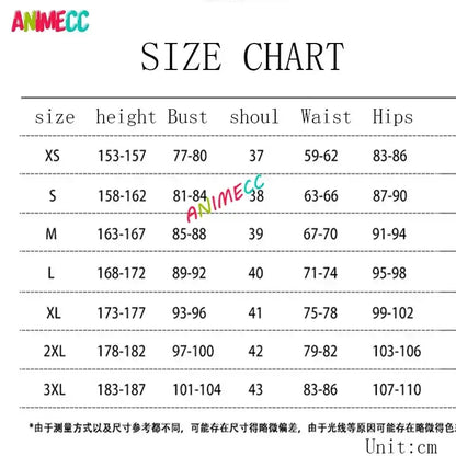 Animecc size chart for Oshi No Ko B-Komachi stage dress wig showing measurements in centimeters for xs-2xl sizes