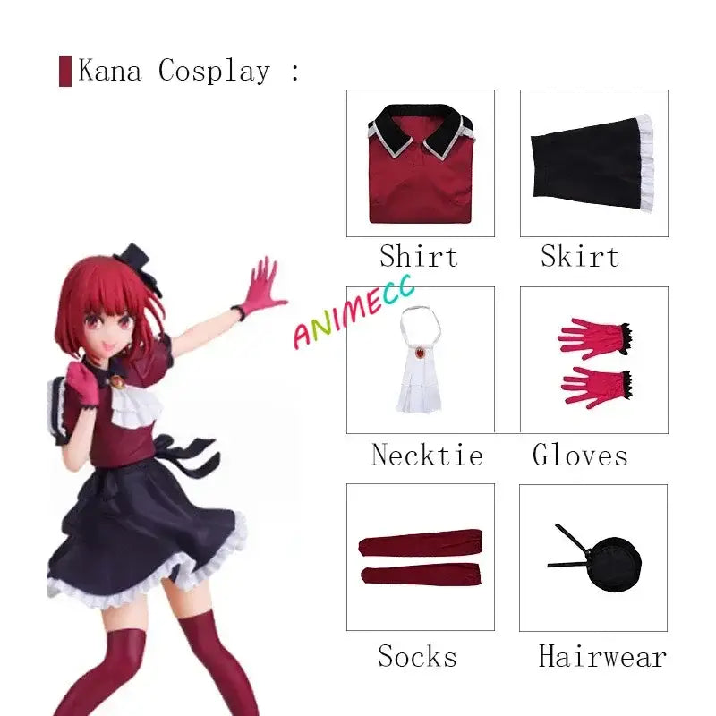 Red and black maid cosplay stage dress wig with white lace trim includes shirt skirt gloves socks necktie and hair accessory
