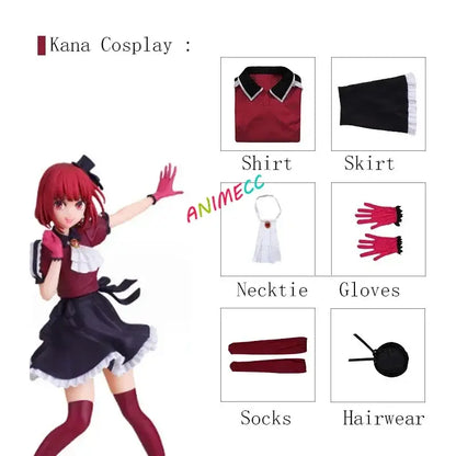 Red and black maid cosplay stage dress wig with white lace trim includes shirt skirt gloves socks necktie and hair accessory
