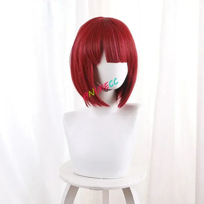 Vibrant red straight bob stage dress wig with blunt-cut bangs on white mannequin head xs-2xl sizing