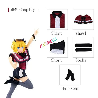 Maroon and black stage dress wig with white lace trim featuring short-sleeved shirt shorts socks and hair accessories