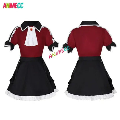 Red and black anime cosplay stage dress wig with white lace trim, ruffled collar, and matching skirt in XS to 2XL sizes