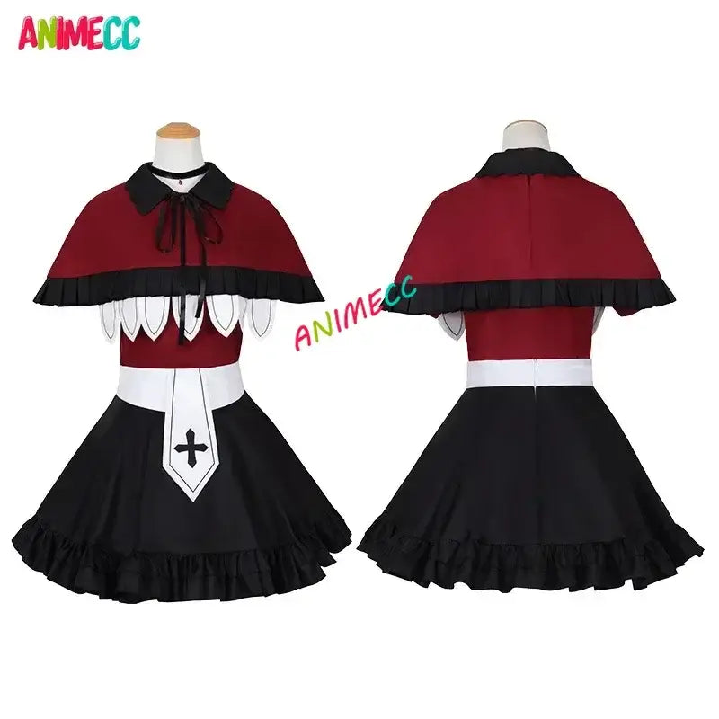 Red and black cape-style stage dress wig with white accents ruffled hem and cross emblem for oshi no ko b-komachi