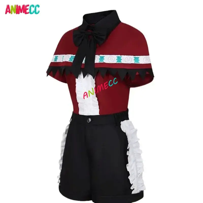 Red and black stage dress wig with white ruffled panel teal trim and large bow at collar available in xs-2xl