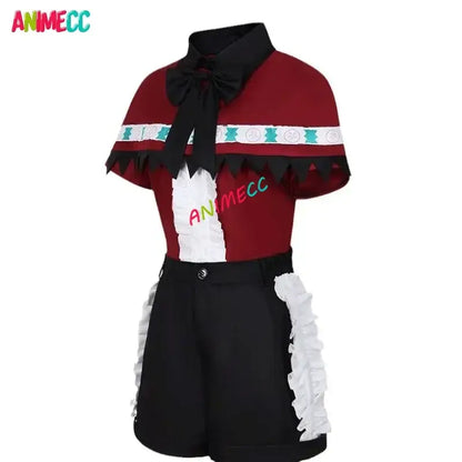 Red and black stage dress wig with white ruffled panel teal trim and large bow at collar available in xs-2xl