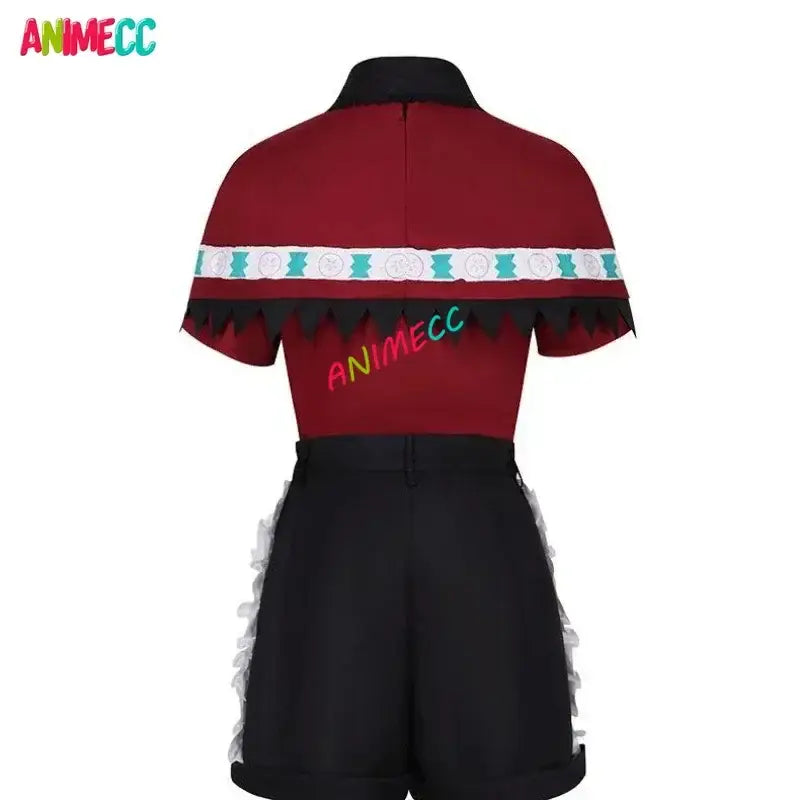 Red short-sleeved stage dress wig with black collar hem white band turquoise patterns and animecc embroidery