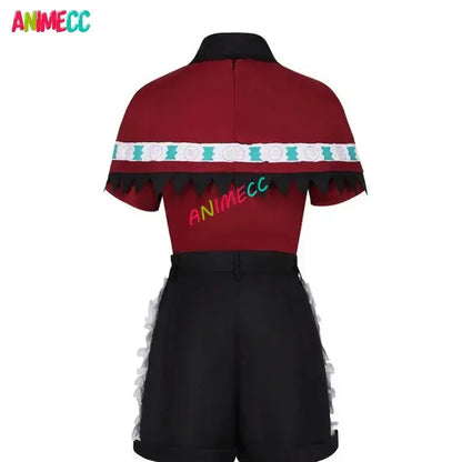 Red short-sleeved stage dress wig with black collar hem white band turquoise patterns and animecc embroidery