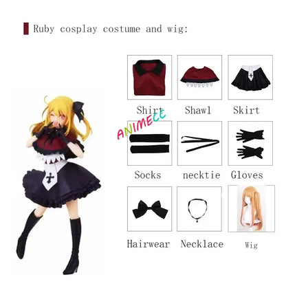 Ruby cosplay stage dress wig in maroon and black lace with ruffled skirt gothic style available in xs-2xl