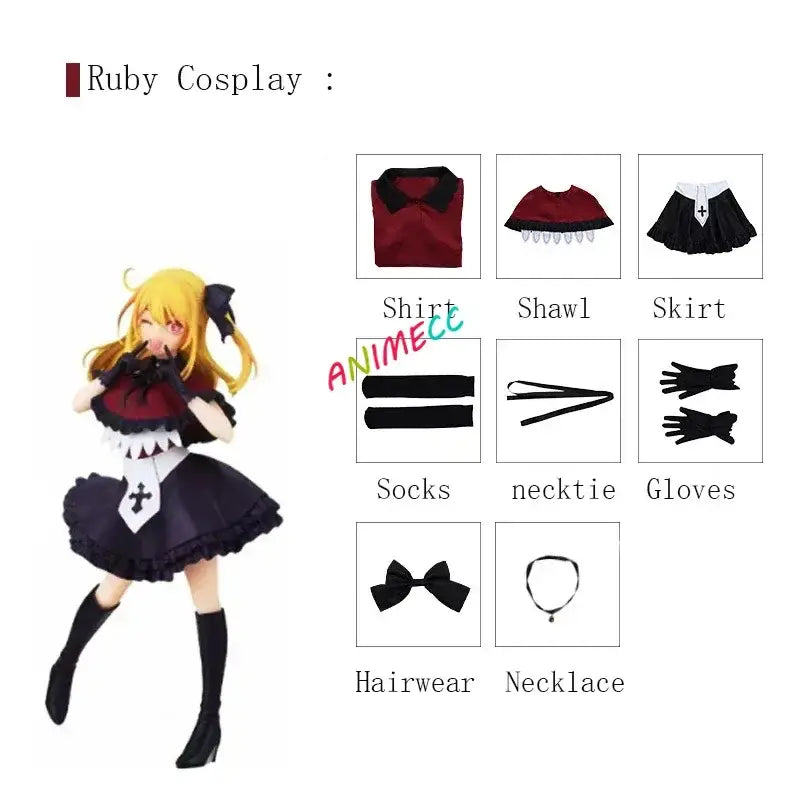 Ruby cosplay stage dress wig featuring maroon and black maid-style dress with ruffled details lace trim and cross motifs